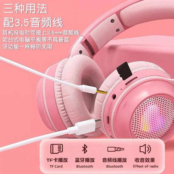 Tai nghe Bluetooth không dây gắn trên đầu tai thỏ dễ thương có phát sáng dành cho bé học trực tuyến, có tai nghe micro