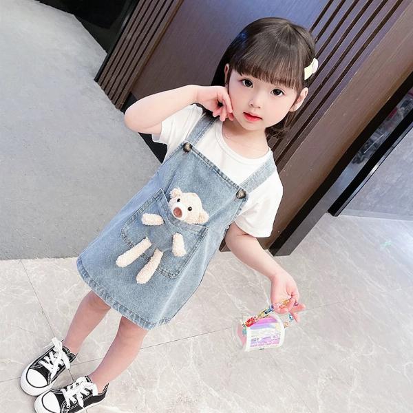 Set áo thun ngắn tay và đầm yếm denim thời trang cho bé