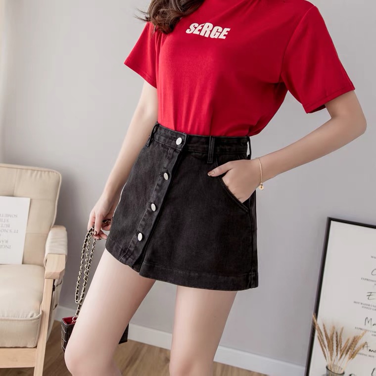 Quần short jeans nữ giả váy chữ A cạp cao